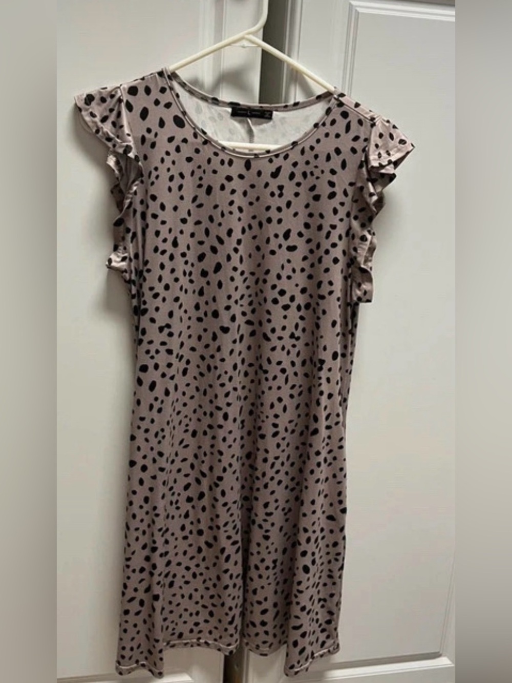Womens Taupe Dotted Animal Print Ruffle Sleeve Dress